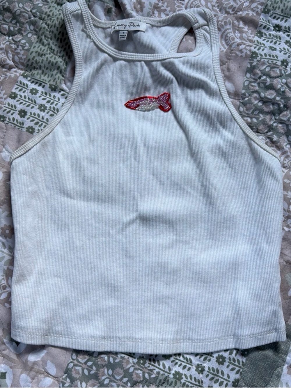 emory park White Ribbed Tank Top with Red Fish Patch